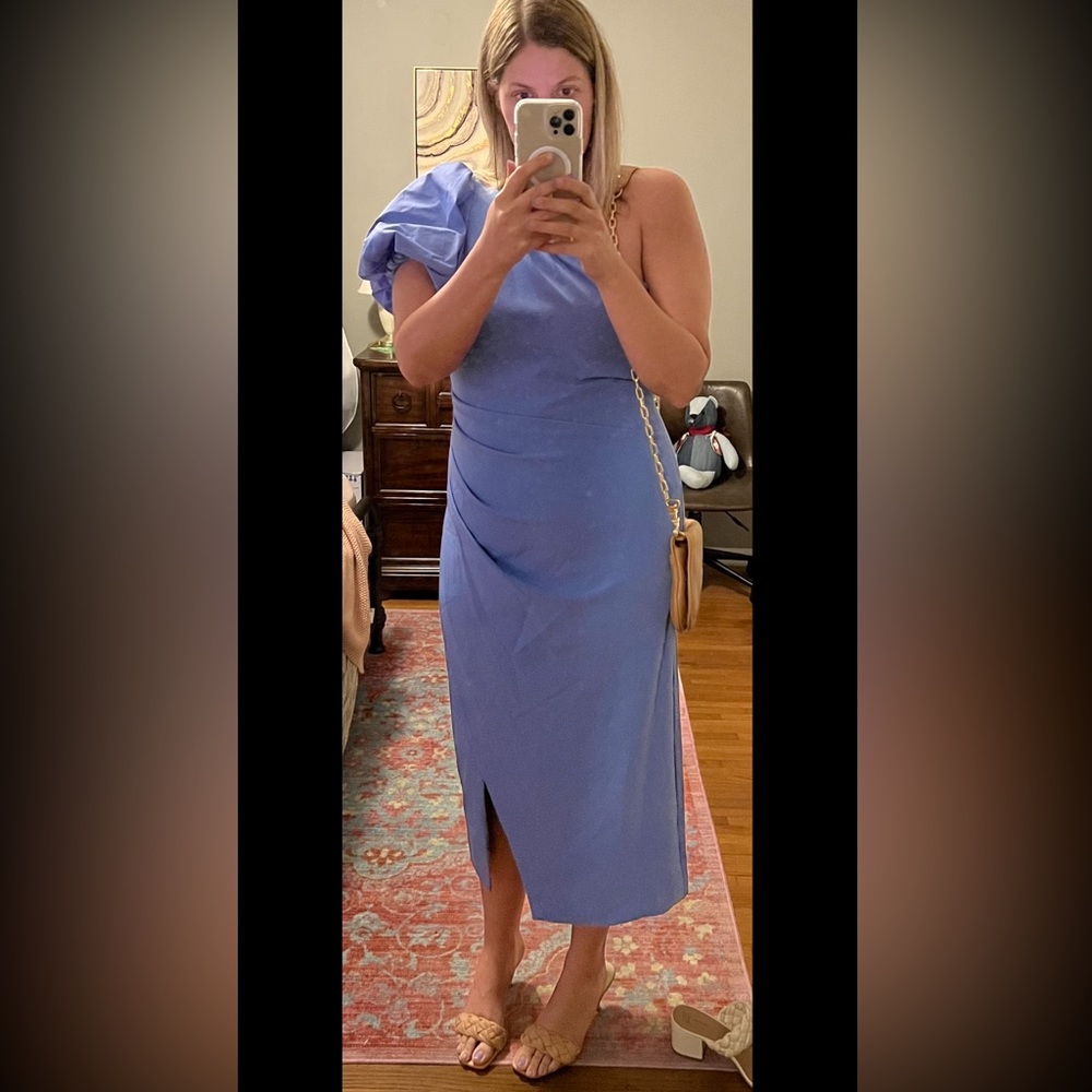 Blue Ralph Lauren one shoulder puff sleeve dress. Size 14. Worn once